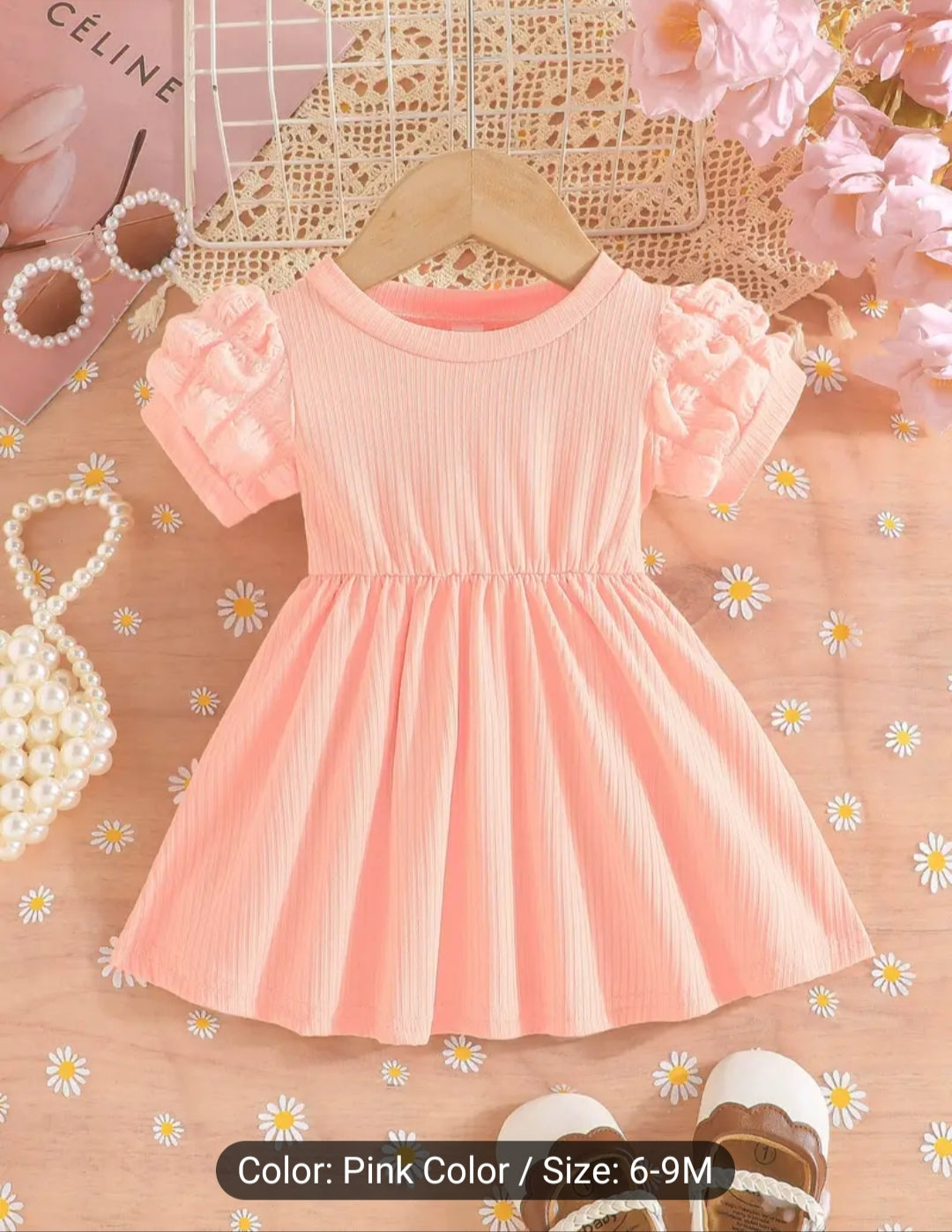 Infant & Toddler's Color Ribbed Dress, Casual Puff Sleeve Dress, Baby Girl's Clothing For Summer 2 Beautiful Colours