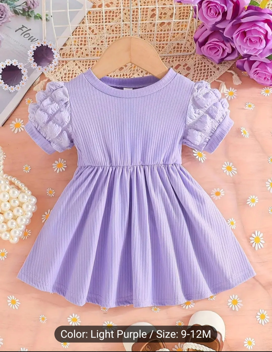 Infant & Toddler's Color Ribbed Dress, Casual Puff Sleeve Dress, Baby Girl's Clothing For Summer 2 Beautiful Colours