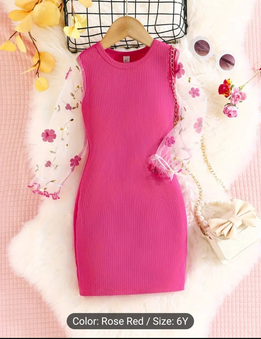 Elegant Toddler Girls Mech Long Sleeve Embroider Bodycon Press Crew Neck Rose Red 6 Years Old