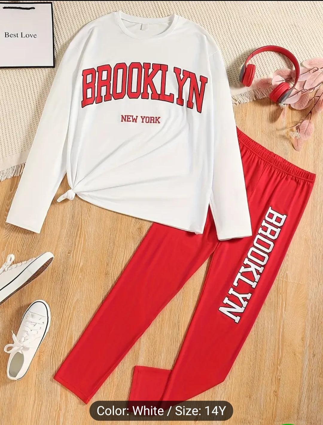 Brooklyn Print Girl's Outfit Comfy Long T-shirt +Letter Pants Set Casual 2-Piece Clothes