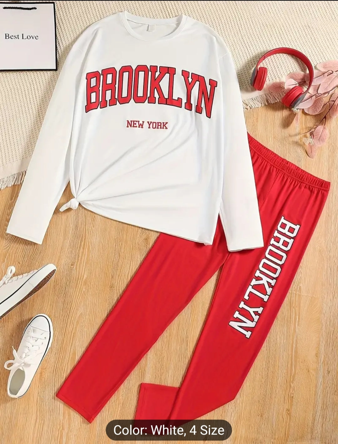 Brooklyn Print Girl's Outfit Comfy Long T-shirt +Letter Pants Set Casual 2-Piece Clothes