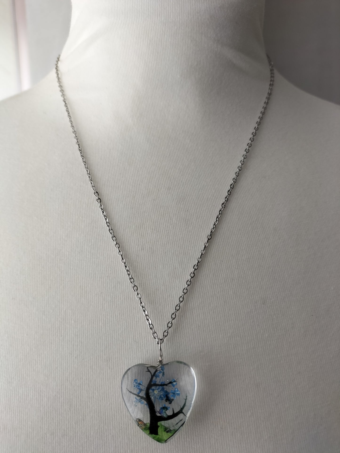 Dried Flower  Heart Pendant With Silver Plated Necklace