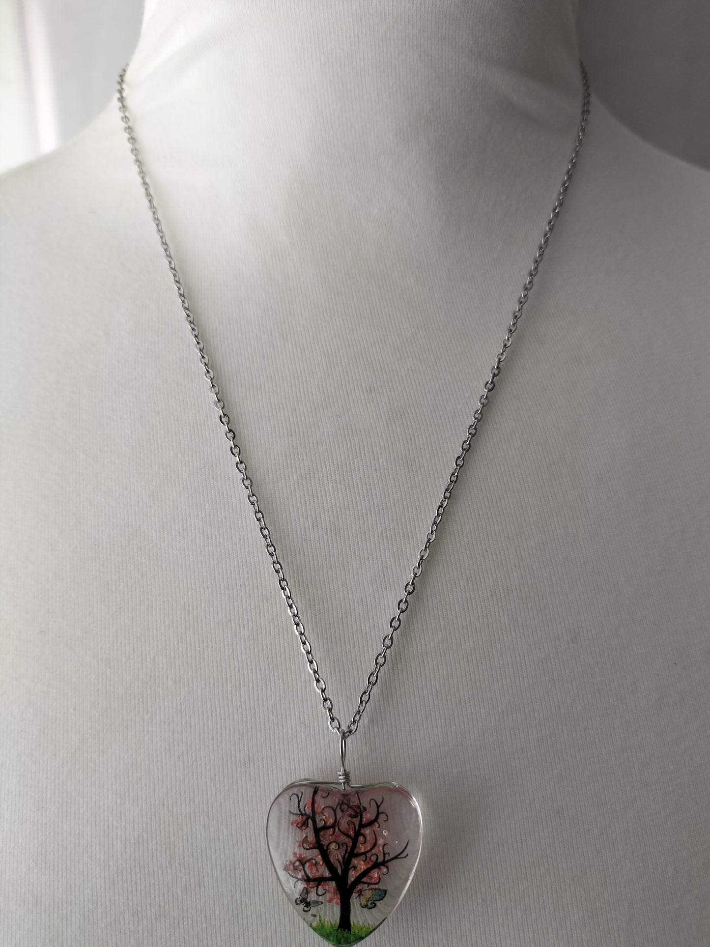 Dried Flower  Heart Pendant With Silver Plated Necklace