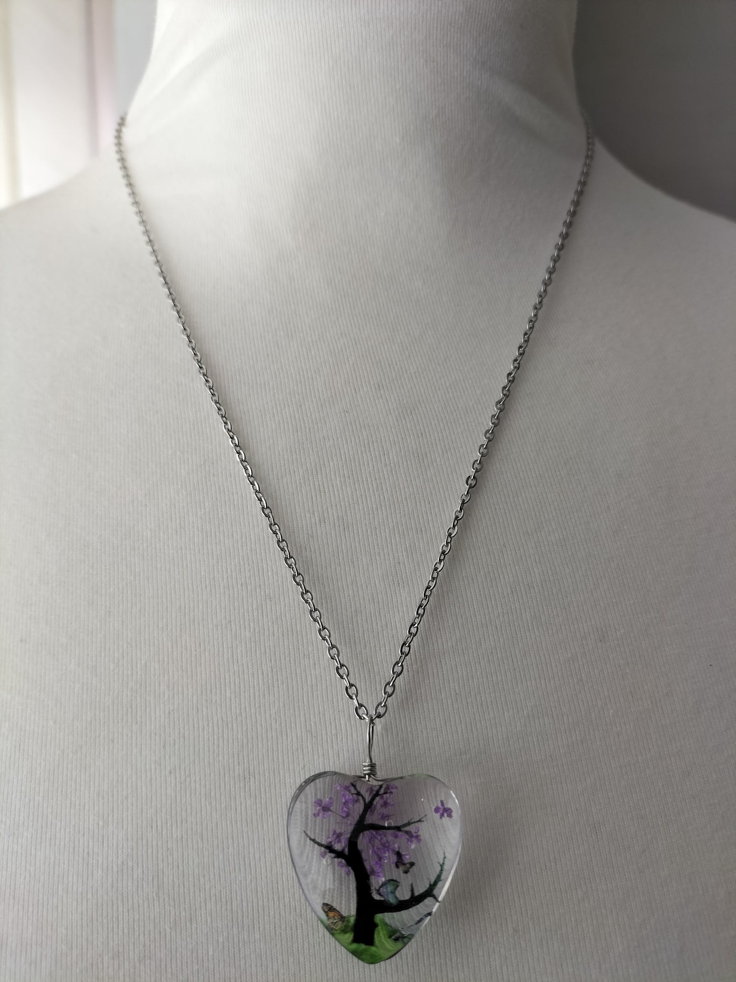 Dried Flower  Heart Pendant With Silver Plated Necklace