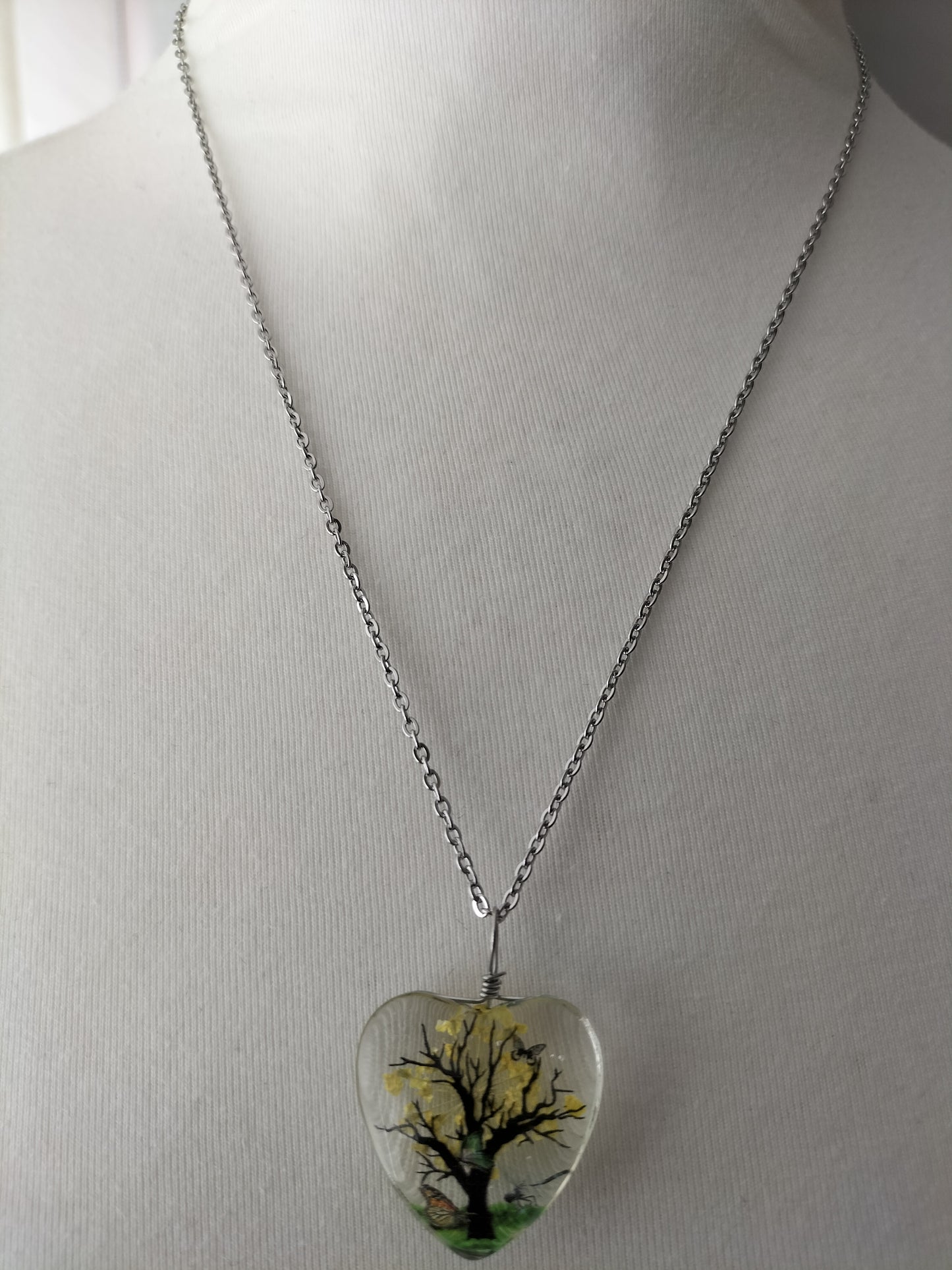 Dried Flower  Heart Pendant With Silver Plated Necklace