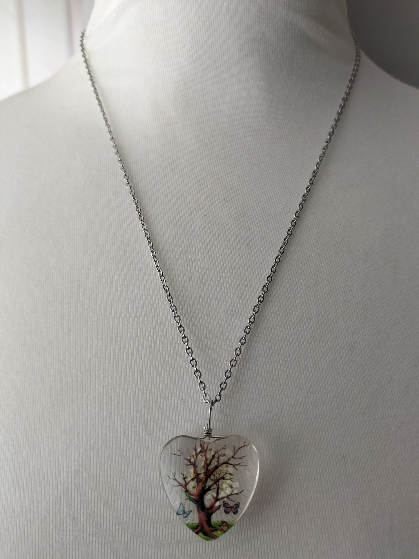Dried Flower  Heart Pendant With Silver Plated Necklace