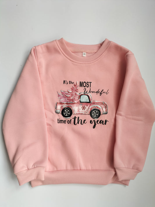 Girls Polyester Pink Cute Christmas Truck Printed Long Sleeve Pullover Sweatshirt  Age 3-4Y