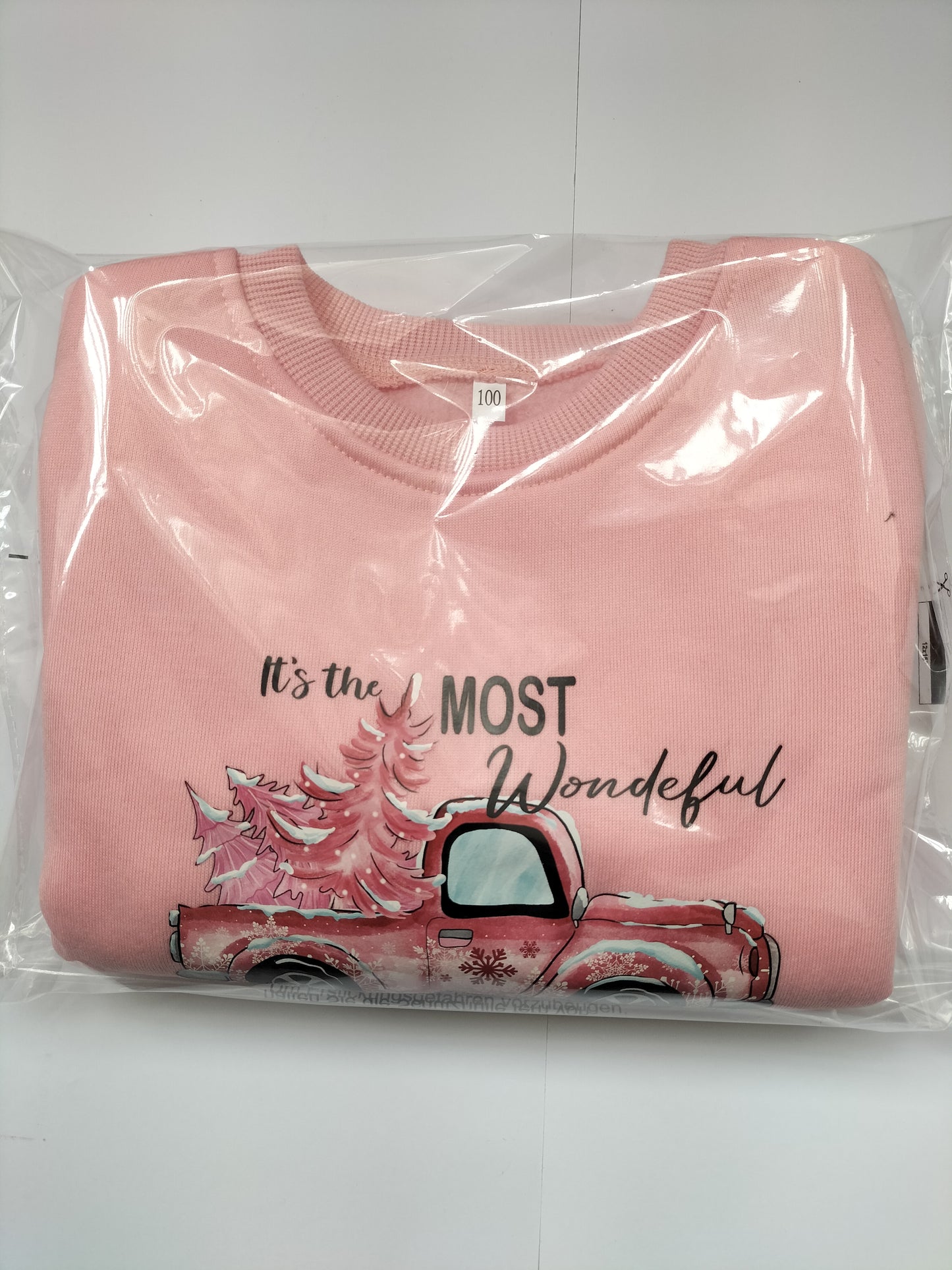 Girls Polyester Pink Cute Christmas Truck Printed Long Sleeve Pullover Sweatshirt  Age 3-4Y