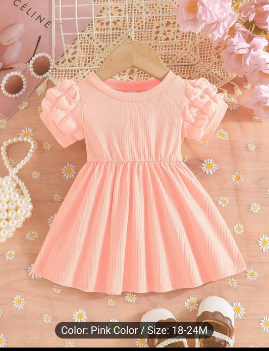 Infant & Toddler's Color Ribbed Dress, Casual Puff Sleeve Dress, Baby Girl's Clothing For Summer 2 Beautiful Colours