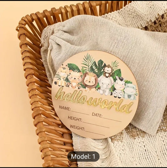 Jungle Animals Newburn Milestone Wooden Announcement Name Sigh Hello World 1 PC   Wooden Announcement  Birth Sigh 1 PC