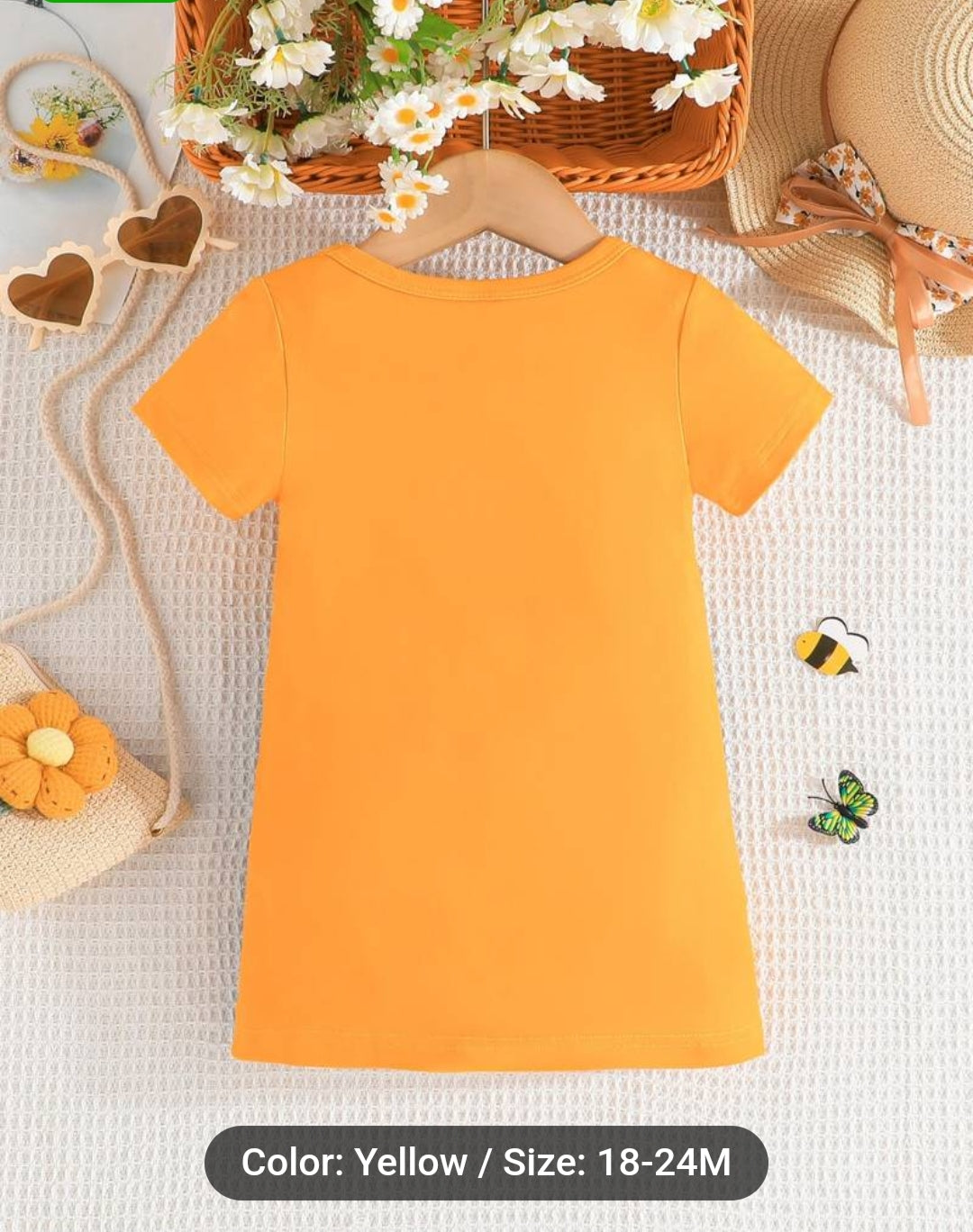 Cute Girls 2 pcs Cartoon Kitty Graphic Short Sleeve T-shirt Top Leopard Print Shorts Set For Summer  and Baby's Cartoon Bee Faux Denim Pattern Dress