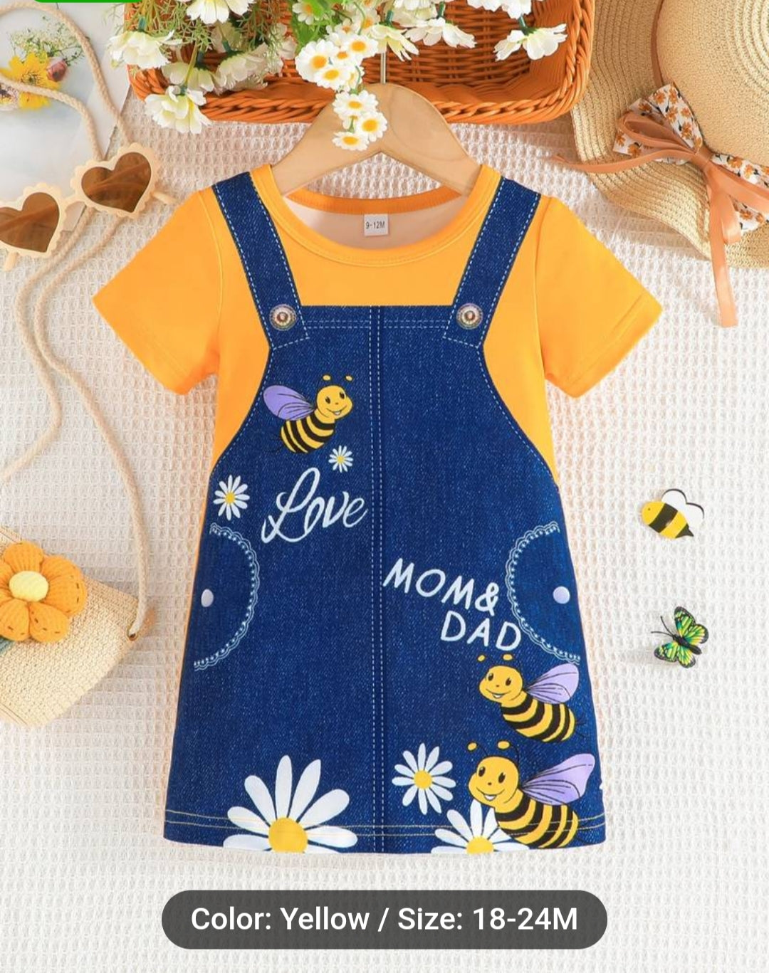 Cute Girls 2 pcs Cartoon Kitty Graphic Short Sleeve T-shirt Top Leopard Print Shorts Set For Summer  and Baby's Cartoon Bee Faux Denim Pattern Dress