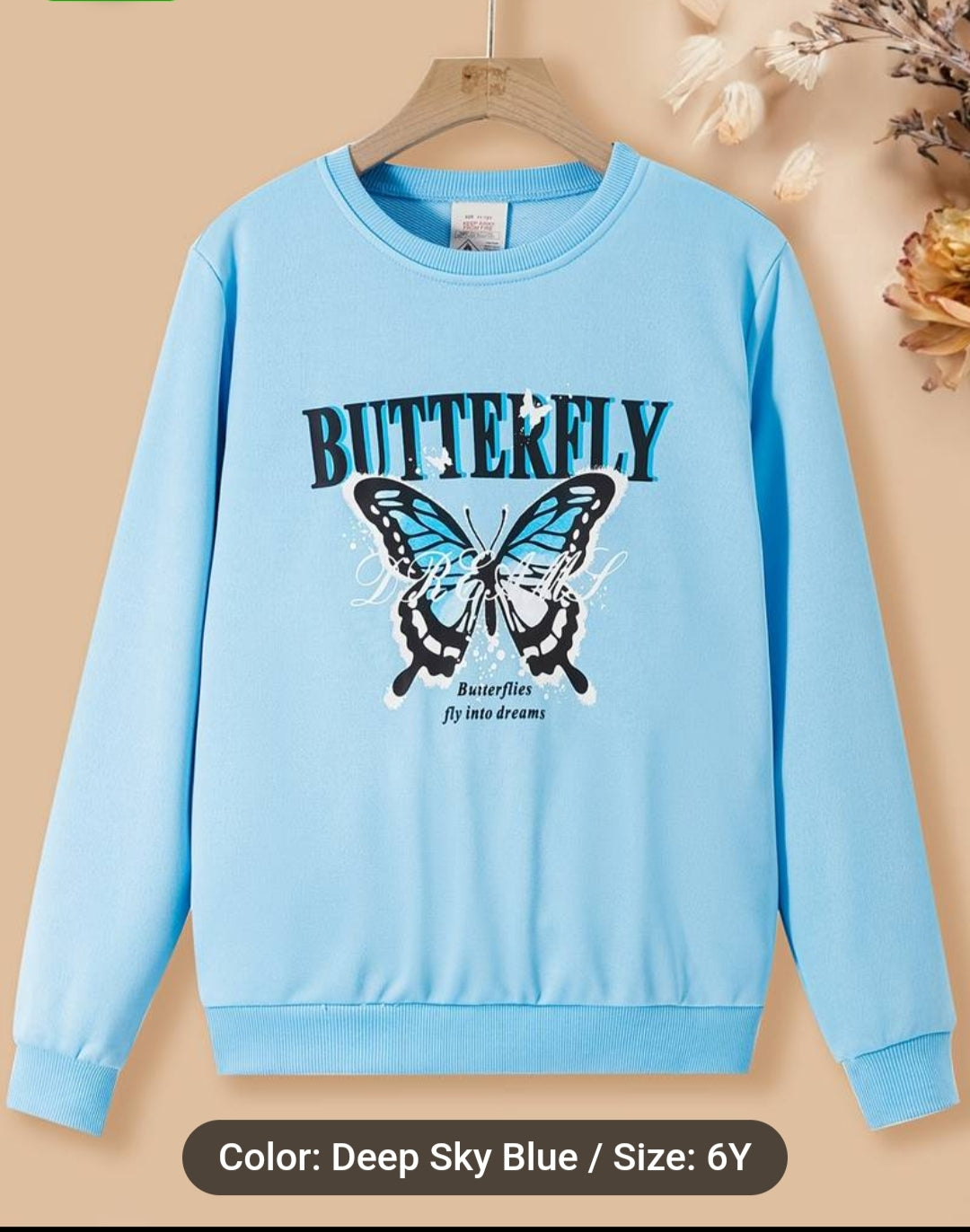 Girls Cute Butterfly Print Casual Long Sleeves Round Neck Sweatshirt Pullover Comfy Active Top Deep Sky Blue 6 Years Old