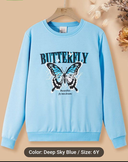 Girls Cute Butterfly Print Casual Long Sleeves Round Neck Sweatshirt Pullover Comfy Active Top Deep Sky Blue 6 Years Old