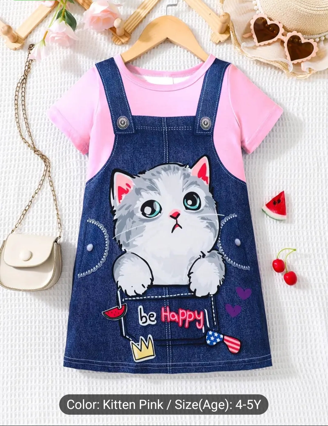 Cute Girls 2 pcs Cartoon Kitty Graphic Short Sleeve T-shirt Top Leopard Print Shorts Set For Summer  and Baby's Cartoon Bee Faux Denim Pattern Dress