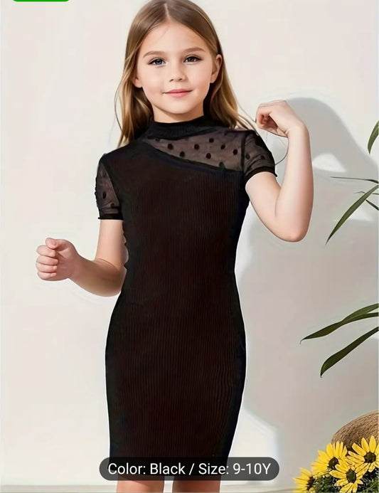Elegant Girls Solid Stretchy Mesh Design Dress 9-10 Years  Old For summer Party