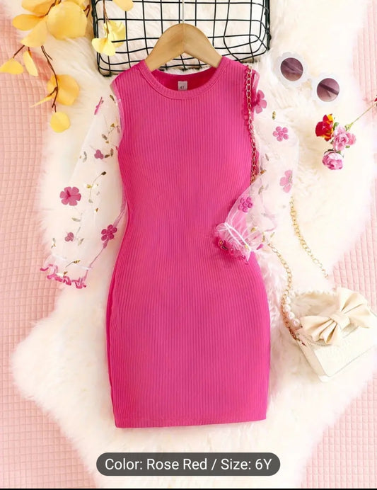 Elegant Toddler Girls Mech Long Sleeve Embroider Bodycon Press Crew Neck Rose Red 6 Years Old