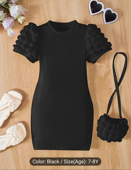 Elegant Girls Solid Puff Short Sleeve Bodycon Dress With Bag Spring Summer Black 7-8 Years Old