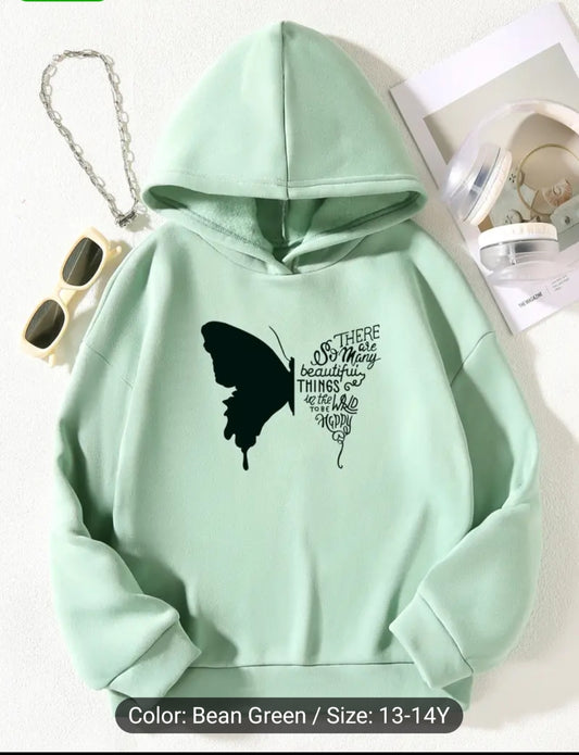 Toddler Girls Hooded Sweatshirt Fashion Butterfly Letter Print Everyday Long Sleeve Plus Fleece Sport  Bean Green  13-14 Years Old
