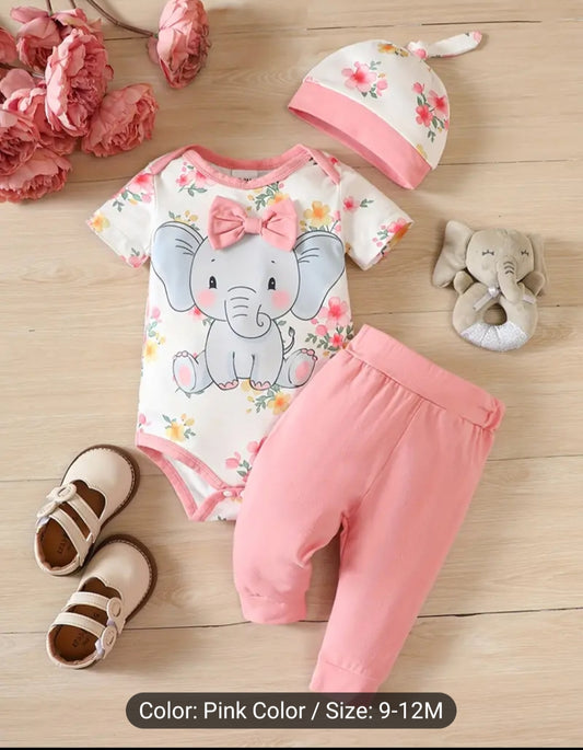 3 Pcs Infant  Super Cute Elephant 12-18M Print Bow Short Sleeve Romper Top +Pant's+ Hat Set
