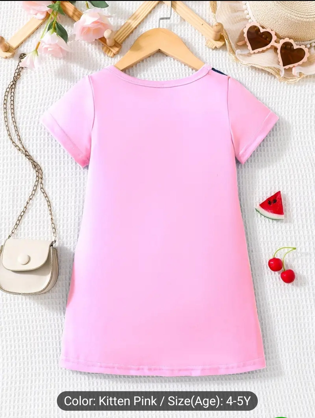 Cute Girls 2 pcs Cartoon Kitty Graphic Short Sleeve T-shirt Top Leopard Print Shorts Set For Summer  and Baby's Cartoon Bee Faux Denim Pattern Dress