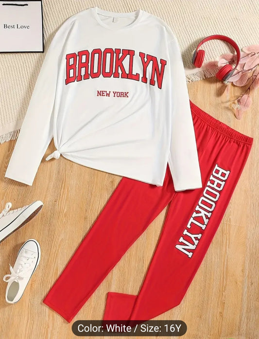 Brooklyn Print Girl's Outfit Comfy Long T-shirt +Letter Pants Set Casual 2-Piece Clothes